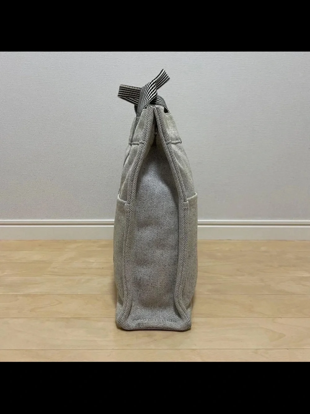 Hermes Gray Canvas Tote with Striped Web Handles